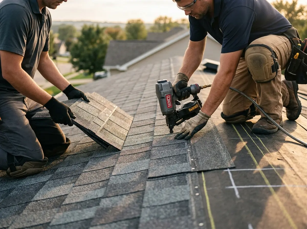 Professional roofer working on a residential roof in Great Falls